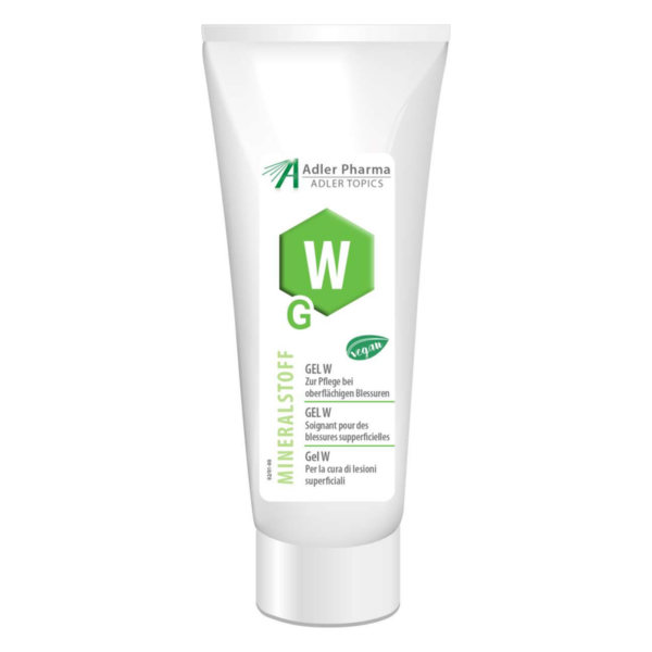 Tube mit Mineralstoffgel für die Pflege oberflächlicher Blessuren, vegan, verpackt im weißen Kunststoff mit grünem Etikett.