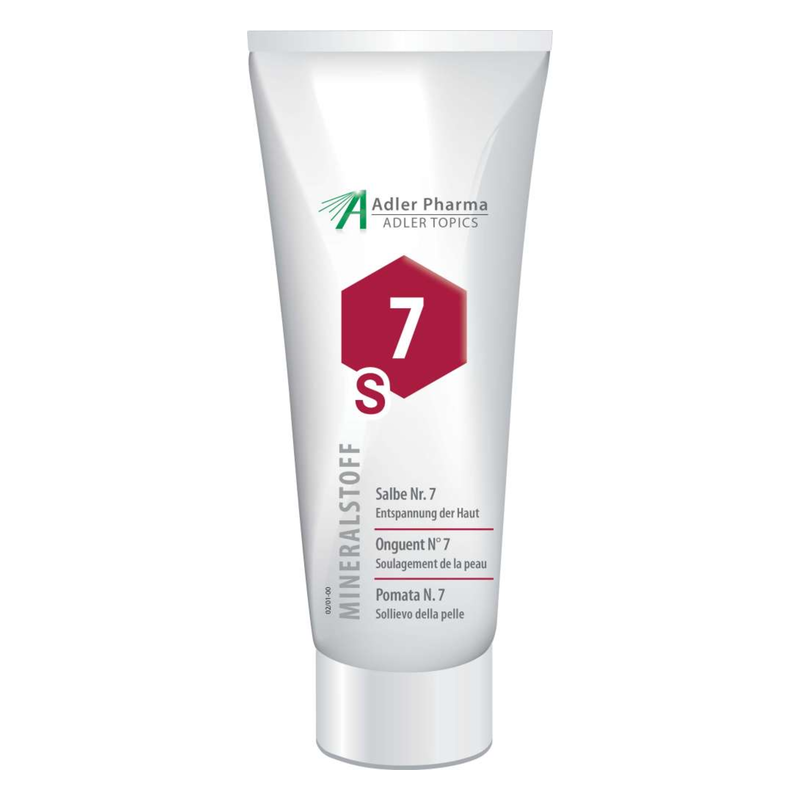 Tube mit Salbe Nr. 7 für Hautentspannung, beschriftet in mehreren Sprachen.