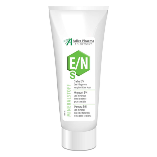 Tube mit mineralstoffhaltiger Salbe E/N zur Pflege empfindlicher Haut, mit mehrsprachiger Beschriftung.