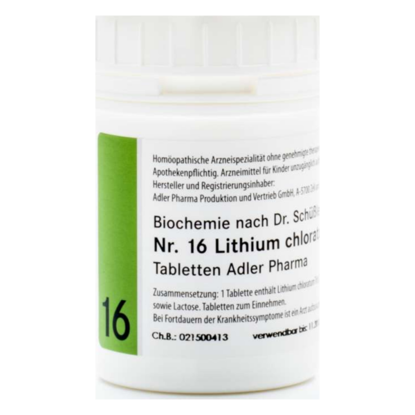 Weißer Kunststoffbehälter mit grüner und schwarzer Beschriftung für homöopathische Lithiumchlorid-Tabletten.