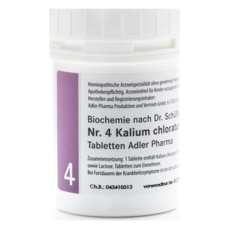 Weißer Kunststoffbehälter mit lila Etikett, der homöopathische Tabletten Kalium chloratum enthält.