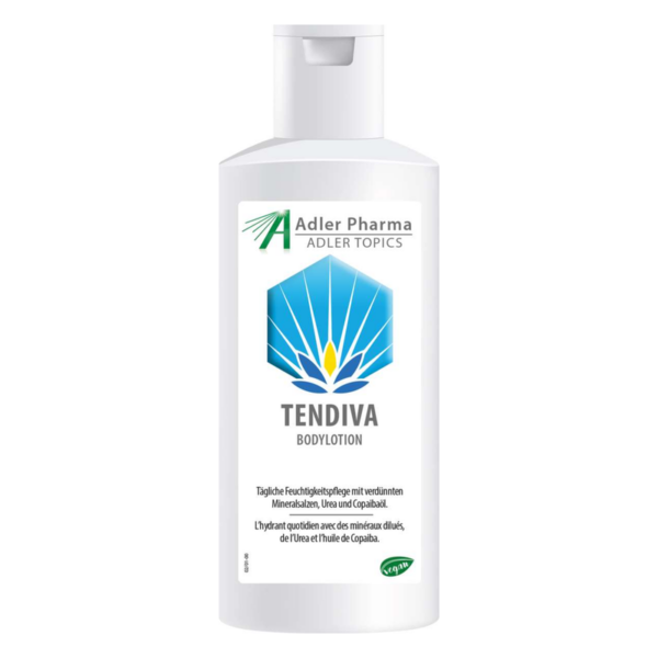 Flasche mit Tendiva Bodylotion, helles Design, blaues Logo mit Lotusblume, für Feuchtigkeitspflege.
