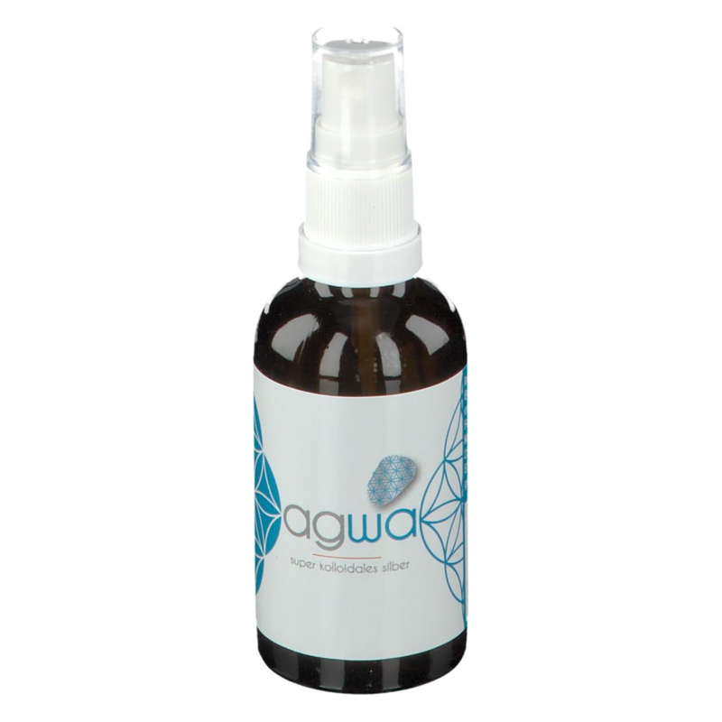 Braune Sprühflasche mit weißem Deckel und einem Etikett, das den text 'agwa super kolloidales silber' zeigt.