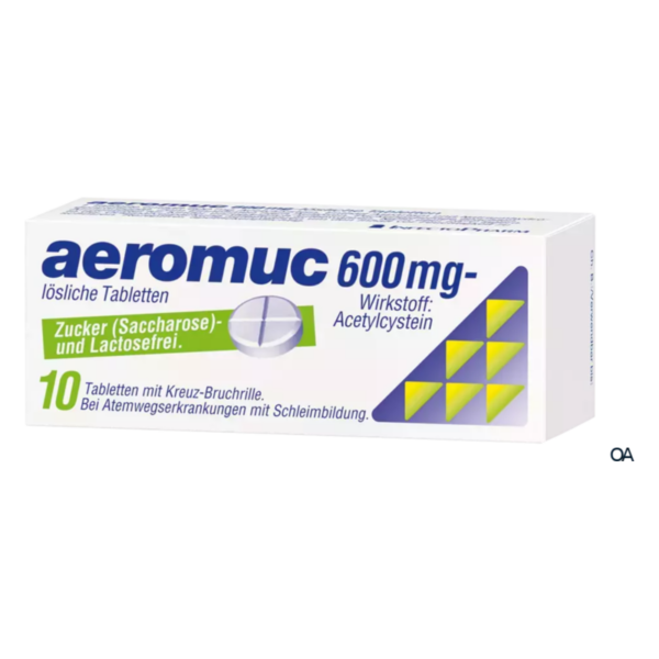 Packung mit aeromuc 600 mg, löslichen Tabletten zur Behandlung von Atemwegserkrankungen, Zucker- und Lactosefrei.
