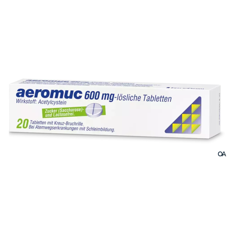 Verpackung von aeromuc 600 mg-löslichen Tabletten, bestehend aus einer Schachtel mit weißem Design und gelben Akzenten.