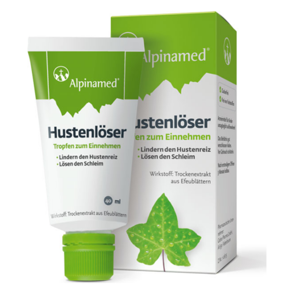 Eine Tube und eine Verpackung von Alpinamed Hustenlöser, die zur Linderung von Hustenreiz dienen.