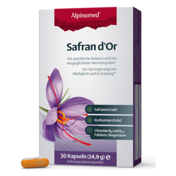 Packung mit Nahrungs Ergänzungsmittel 'Safran d'Or', mit lila Safranblüte und orangefarbener Kapsel.