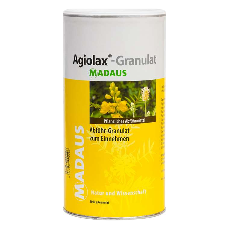 Rundes, weißes Dosen mit gelber Beschriftung. Enthält pflanzliches Abführgranulat zum einnehmen.