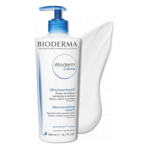 Flasche mit Bioderma Atoderm Creme, reichhaltige Pflege für empfindliche Haut, dosierbar durch Pumpverschluss.