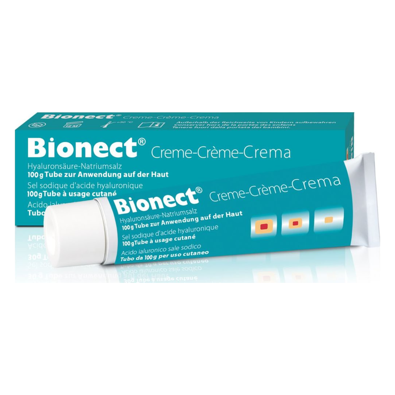 Bionect Creme in einer blauen Tube mit Details zu Hyaluronsäure, verpackt in einer passenden Schachtel.