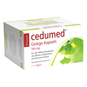 Packung mit Ginkgo-Kapseln von cedumed, enthält 90 Kapseln, zur Förderung der Mikrozirkulation und Konzentration.