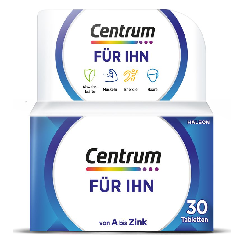 Verpackung von Centrum für ihn, unentgeltlich, enthält 30 Tabletten mit Nährstoffen für Abwehrkräfte, Muskeln und Energie.