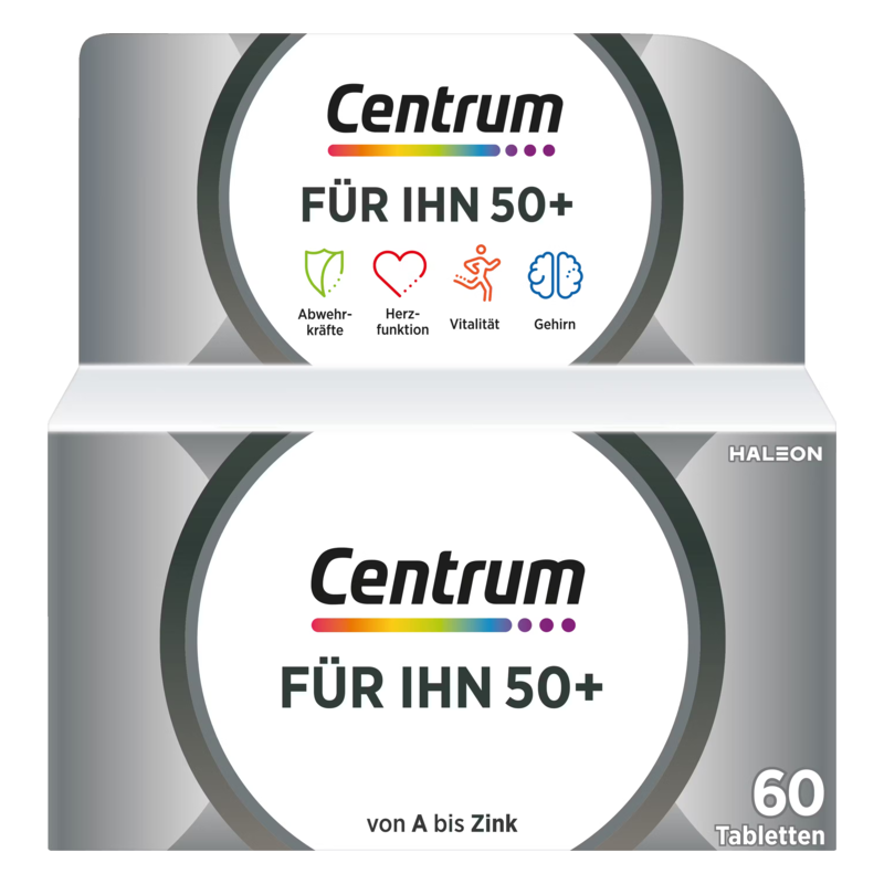 Verpackung von Centrum für Männer ab 50 Jahren, mit Symbolen für Abwehrkräfte, Herzfunktion, Vitalität und Gehirn.