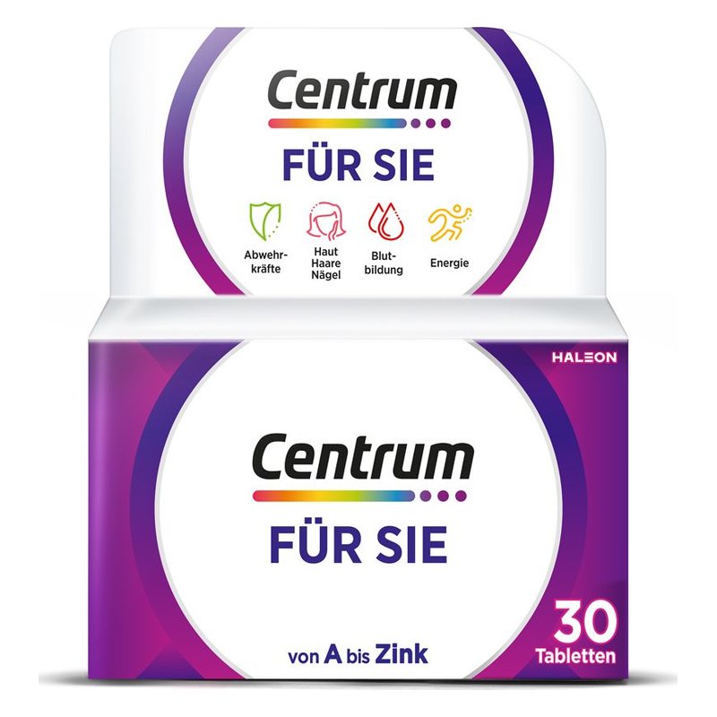 Packung mit Centrum für Sie, enthält 30 Tabletten, betont Abwehrkräfte, Haut, Haare, Nägel und Energie.