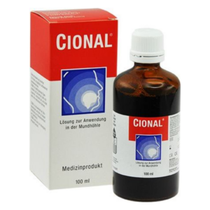 Braune Flasche mit CIONAL Lösung für die Mundhöhle, verpackt in einer roten und weißen Schachtel.