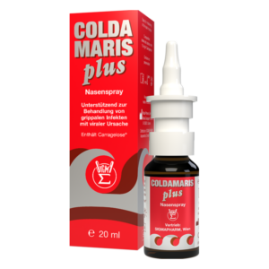 Nasal spray Coldamaris plus in einer 20 ml Flasche mit roter Verpackung zur Behandlung von grippeartigen Infekten.
