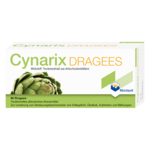 Verpackung von Cynarix Dragees mit einem Artischocken-Logo und Informationen über die Wirkstoffe und Anwendung.