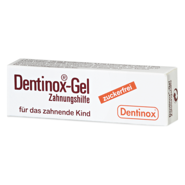 Verpackung von Dentinox-Gel, einer zuckerfreien Zahnungshilfe für Kinder, in einer weißen Box mit rotem Text.