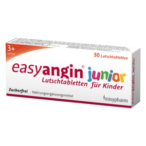 Verpackung von easyangin junior Lutschtabletten für Kinder, zuckerfrei, mit 30 Stück, empfohlen ab 3 Jahren.