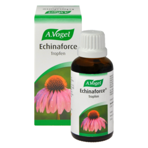 Braunflasche mit Echinaforce Tropfen von A.Vogel, umgeben von einer Verpackung mit einer Echinacea-Blume.