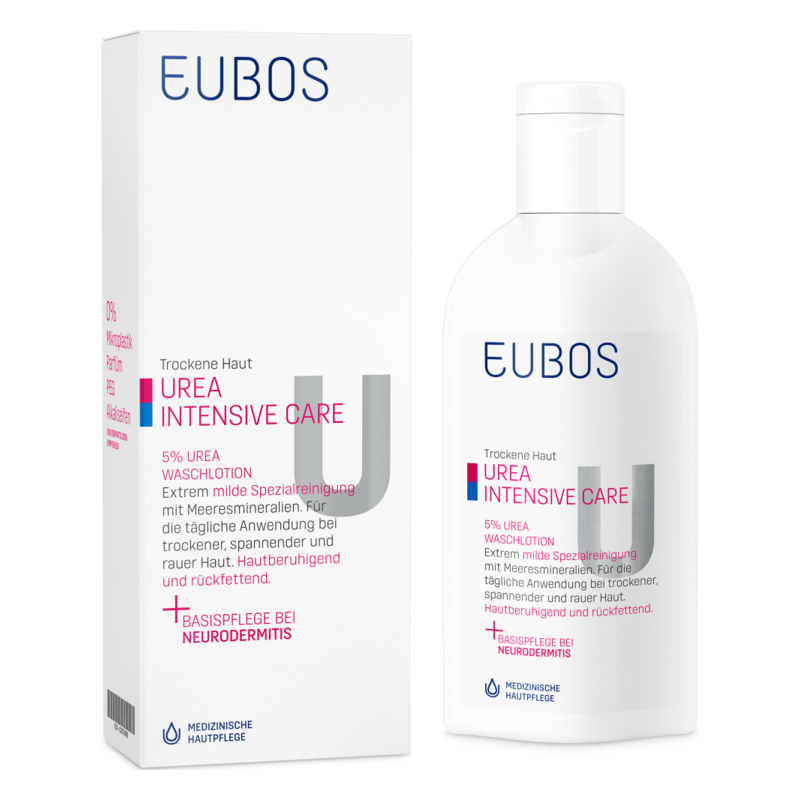Flasche mit 5% Urea-Waschlotion für trockene Haut, in einer hellen Verpackung, die die Anwendung bei Neurodermitis empfiehlt.