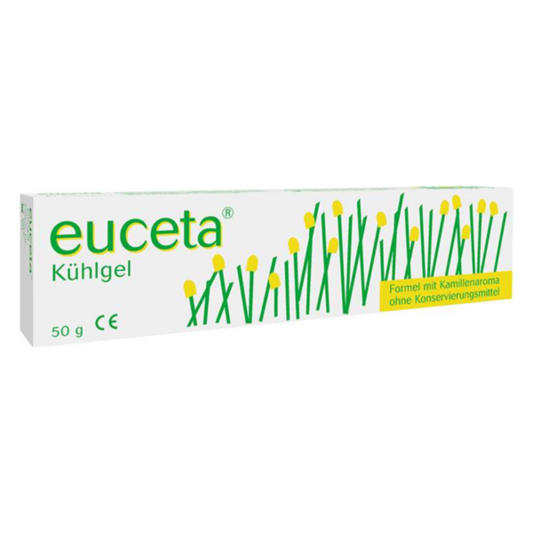 Verpackung von Euceta Kühlgel, weiß mit grünen Grashalmen und gelben Blüten, 50 g, ohne Konservierungsmittel.