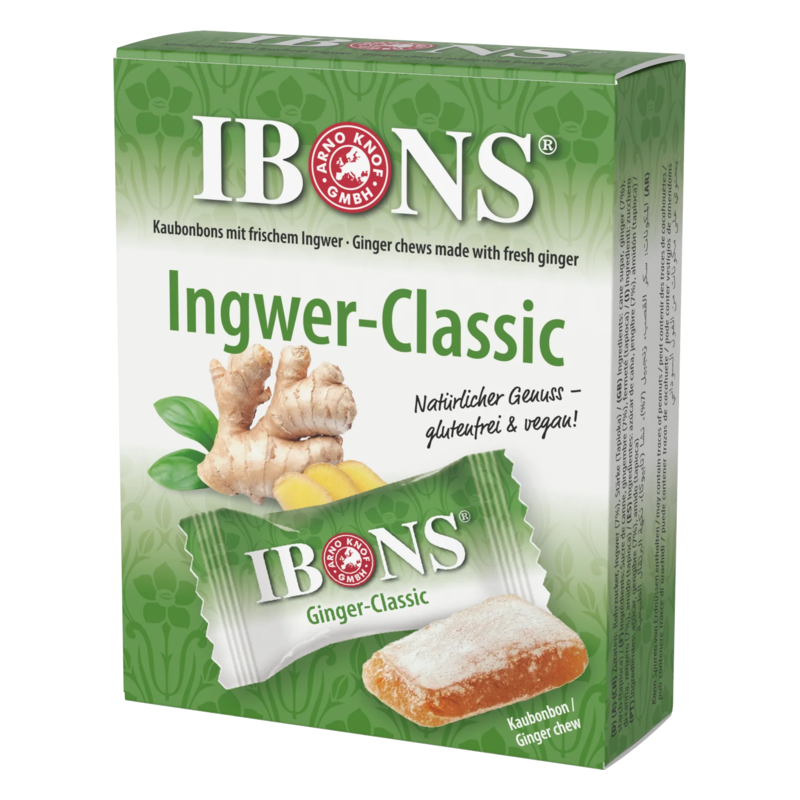 Verpackung der Ingwer-Bonbons mit frischem Ingwer, glutenfrei und vegan, in auffälliger grüner Schachtel.