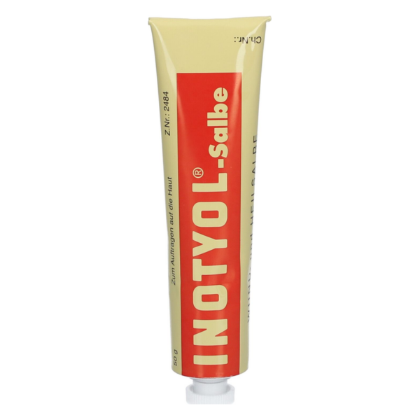 Tube Inotyol-Salbe in einer gelben Verpackung mit rotem Aufdruck, zur Anwendung auf der Haut.