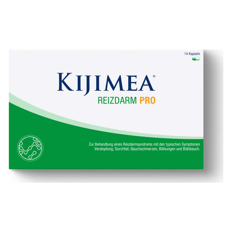 Packung Kijimea Reizdarm Pro mit 14 Kapseln zur Behandlung von Reizdarmsyndrom-Symptomen.