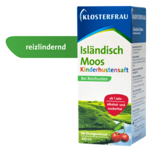 Verpackung des Klosterfrau Islänisches Moos Kinderhustensafts mit Kirschgeschmack, alkoholfrei und zuckerfrei.