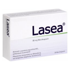 Packung mit 80 mg Weichkapseln Lasea, pflanzliches Arzneimittel zur Behandlung von Unruhe.