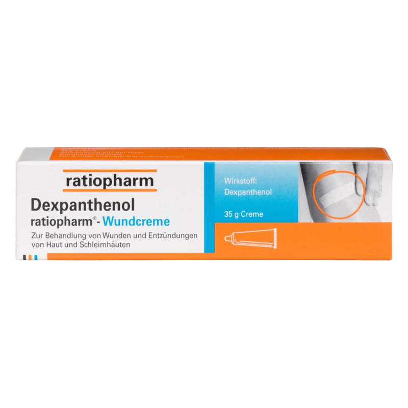 Verpackung der Dexpanthenol Wundcreme von ratiopharm, orange-weiße Box, hält 35 g Creme zur Wundbehandlung.
