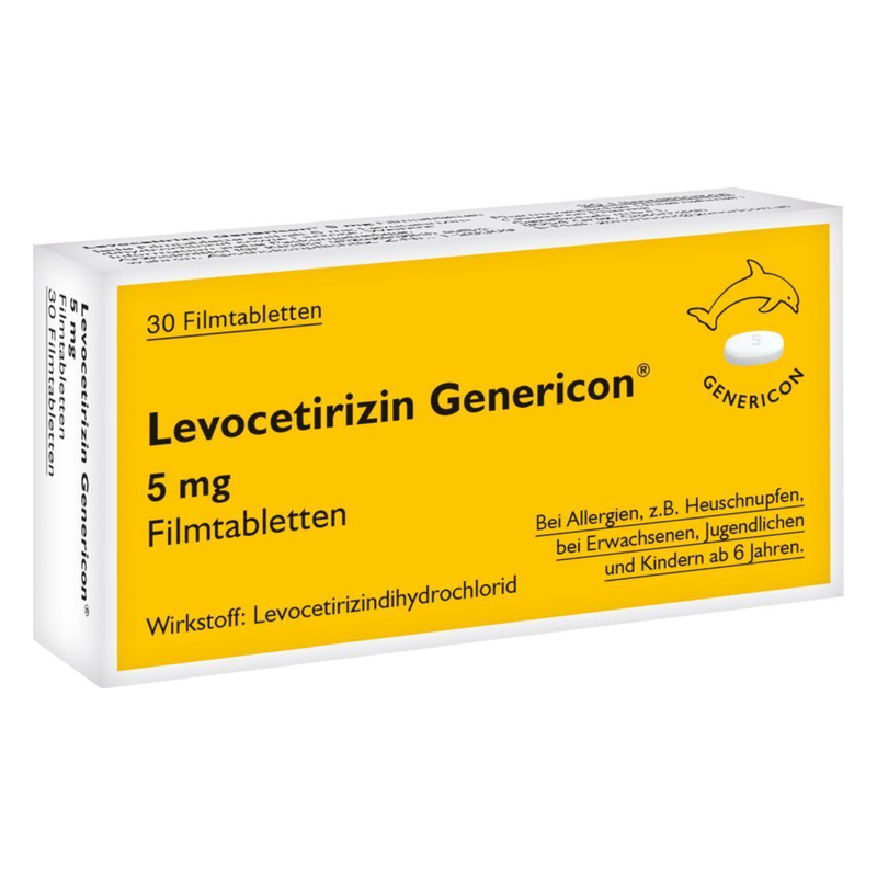 Packung von Levocetirizin Genericon, enthalten sind 30 Filmtabletten mit einem Wirkstoff von 5 mg zur Allergiebehandlung.