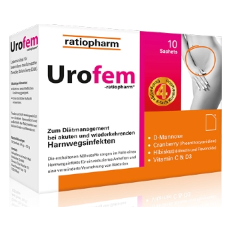 Verpackung von Urofem, einem Nahrungsergänzungsmittel zur Unterstützung bei Harnwegsinfekten, mit 10 Saches.