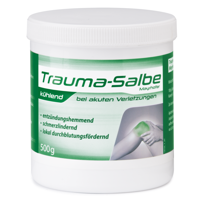 Weißer Kunststofftiegel mit grüner Aufschrift für Trauma-Salbe zur Kühlung und Linderung akuter Verletzungen.