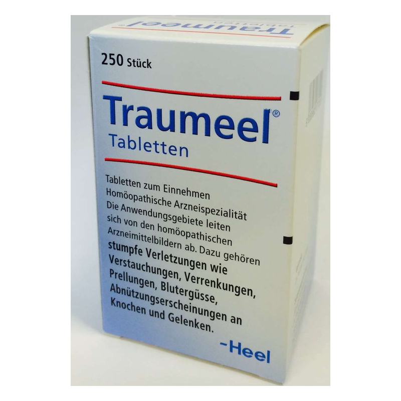 Packung mit 250 homöopathischen Traumeel Tabletten zur Behandlung stumpfer Verletzungen und deren Symptome.