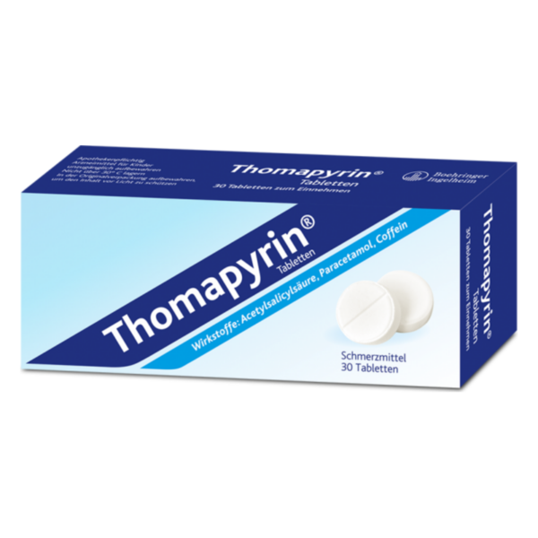 Packung Thomapyrin mit 30 Tabletten, Wirkstoffe: Acetylsalicylsäure, Paracetamol, Coffein, gegen Schmerzen.