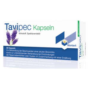 Verpackung von Tavipic Kapseln mit SpeikLavendelöl zur Behandlung von Bronchitis und Husten bei Erkältung.