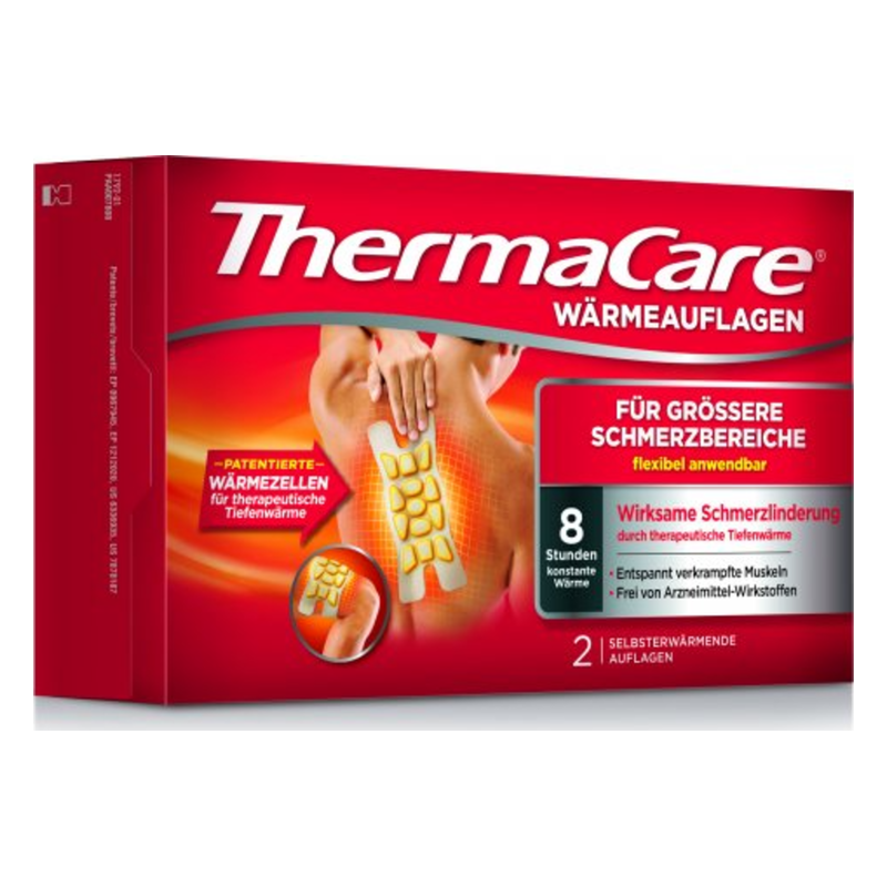 Verpackung von ThermaCare Wärmepflastern für schmerzlindernde Anwendungen, zeigt Anwendung auf dem oberen Rücken.