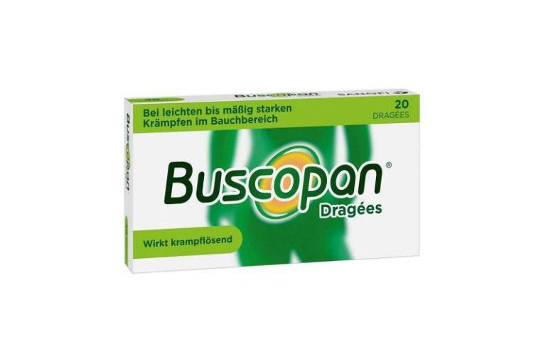 Packung von Buscopan Dragées zur Linderung von Bauchkrämpfen, grüne und gelbe Gestaltung mit Logo.
