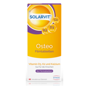 Verpackung von Solarvit Osteo Filmtabletten mit Angaben zu Vitamin D3, K2 und Kalzium für die Knochengesundheit.