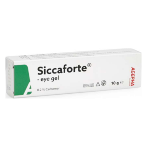 Verpackung von Siccaforte Augen-Gel, 10 g, mit grüner Markierung und Hinweis auf 0,2 % Carbomer.