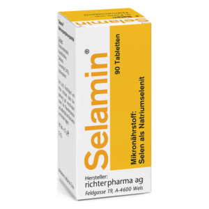 Packung mit 90 Selamin-Tabletten, enthält Selen als Natriumselenit, Hersteller: richtigerpharma ag.