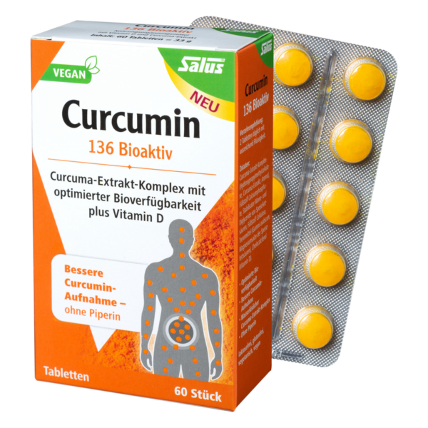 Verpackung mit Curcumin-Tabletten, enthält Kurkuma-Extrakt und Vitamin D, vegan, 60 Tabletten, (neu mit besserer Bioverfügbarkeit).