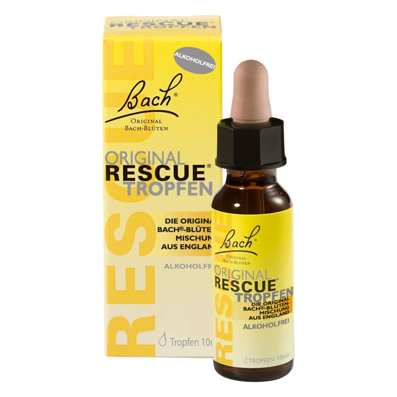 Flasche mit Bach Rescue Tropfen, alkoholfrei, in gelber Verpackung mit klarer Beschriftung.