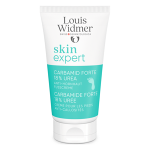 Tube mit Anti-Hornhaut-Fusscreme von Louis Widmer, 18% Urea, für die Pflege von trockenen Füssen.