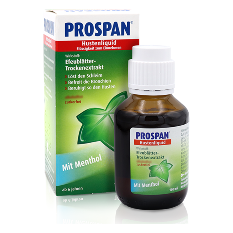 Braune Flasche mit Hustensirup, umgeben von einer grünen Verpackung, beide mit der Aufschrift "Prospan" und Informationen zur Anwendung.