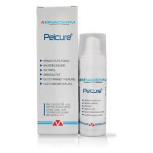 Verpackung und Flasche von Pelcure, einem Hautpflegeprodukt zur Behandlung von Akne, mit Inhaltsstoffen aufgelistet.