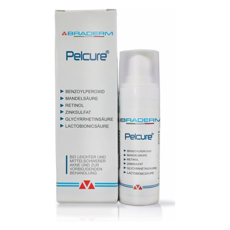 Verpackung und Flasche von Pelcure, einem Hautpflegeprodukt zur Behandlung von Akne, mit Inhaltsstoffen aufgelistet.
