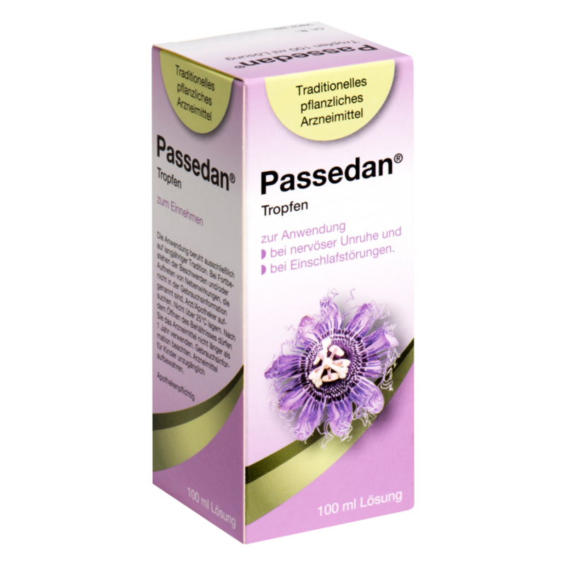 Verpackung von Passedan Tropfen, einem pflanzlichen Arzneimittel zur Linderung von nervöser Unruhe und Schlafstörungen.